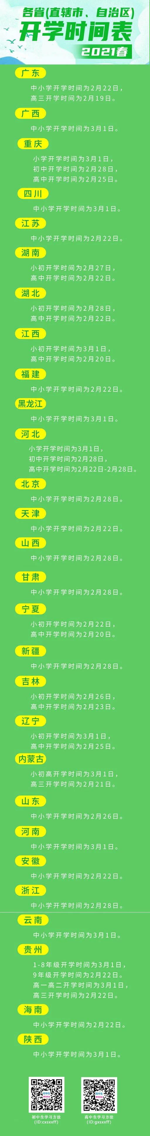 2021全國各省（區、市）中小學開學時間一覽表匯總（及時更新）